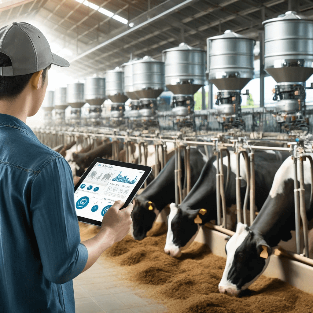 A farmer using a tablet to monitor livestock data with cows and automated feeding systems in the background.