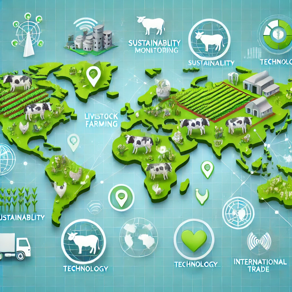 A global map showcasing livestock farming practices with icons for sustainability, technology, and international trade.