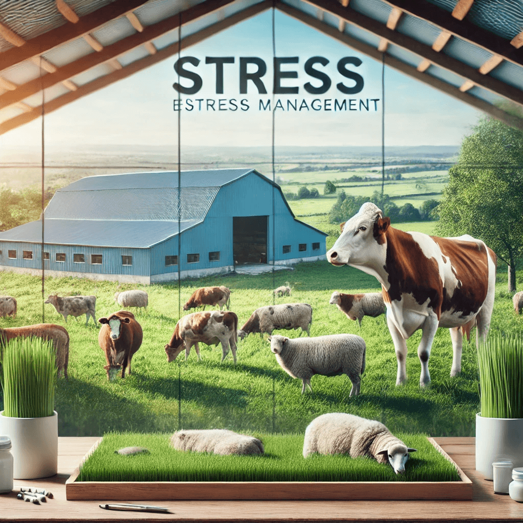 A peaceful rural farm scene with healthy livestock grazing in a green pasture near a clean barn.