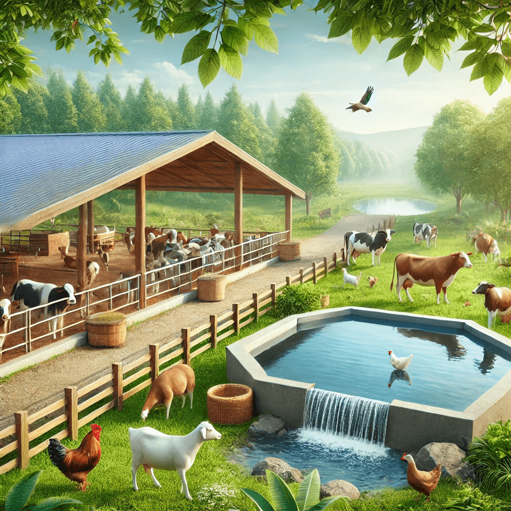 A tranquil rural farm scene showcasing livestock such as cows, goats, and chickens near a clean water source.