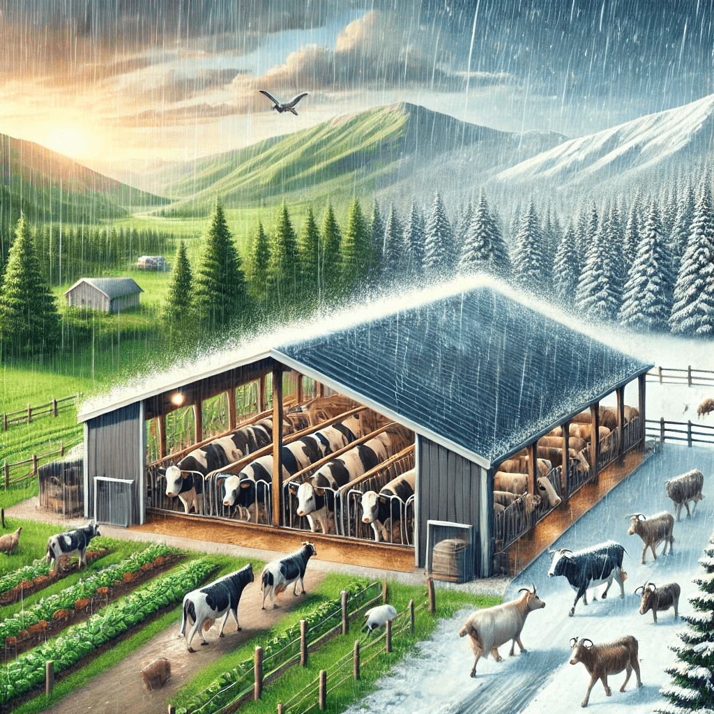 A serene farm showcasing livestock in clean shelters during varying weather conditions, including rain and snow.