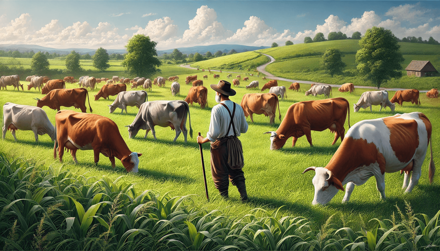 A farmer observing a herd of cows grazing in a lush green field, emphasizing their natural behavior.