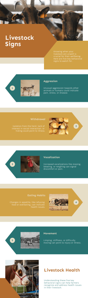 Infographic detailing five key behavioral signs to monitor in livestock: aggression, withdrawal, vocalization, eating changes, and movement issues.