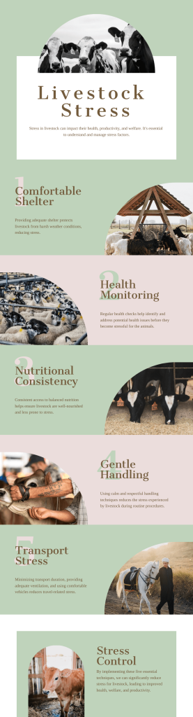 An infographic illustrating five stress management strategies for livestock with icons for shelter, health, nutrition, handling, and transport.